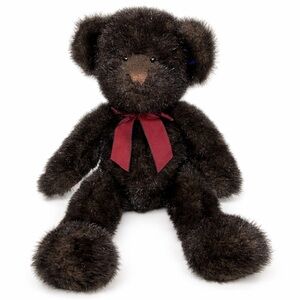 MacKenzie-Childs Russ Black Teddy Bear Plush Brown Nose Burgundy Ribbon